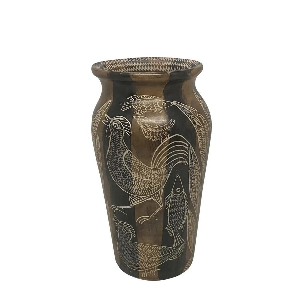 Mid 20th Century Asian Style Hand Carved Soapstone Vase Roosters Fish Plants